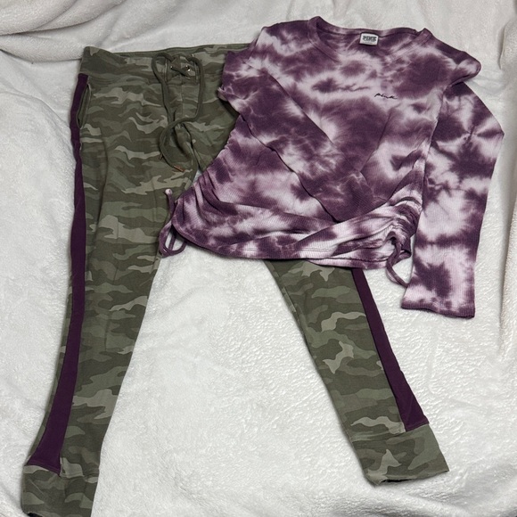 PINK Victoria's Secret Other - PINK Victoria's Secret Purple Tie-Dye Top and Camo Joggers